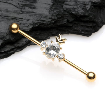 Detail View 1 of Golden Adorable Pineapple Sparkle Industrial Barbell-Clear Gem